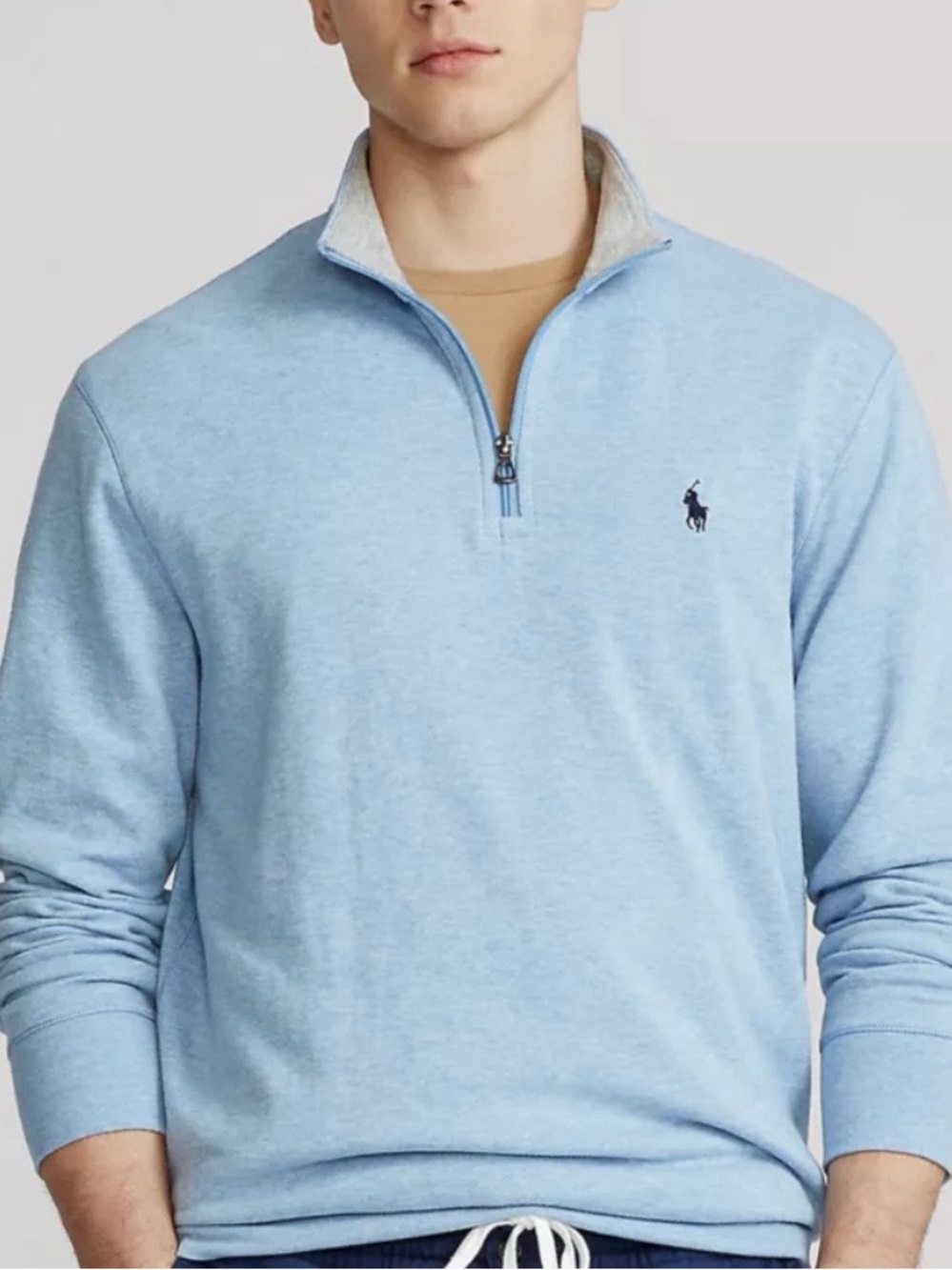 POLO RALPH LAUREN Men’s Luxury Knit Mock 1/4 Zip Soft Blue Pullover Sweatshirt